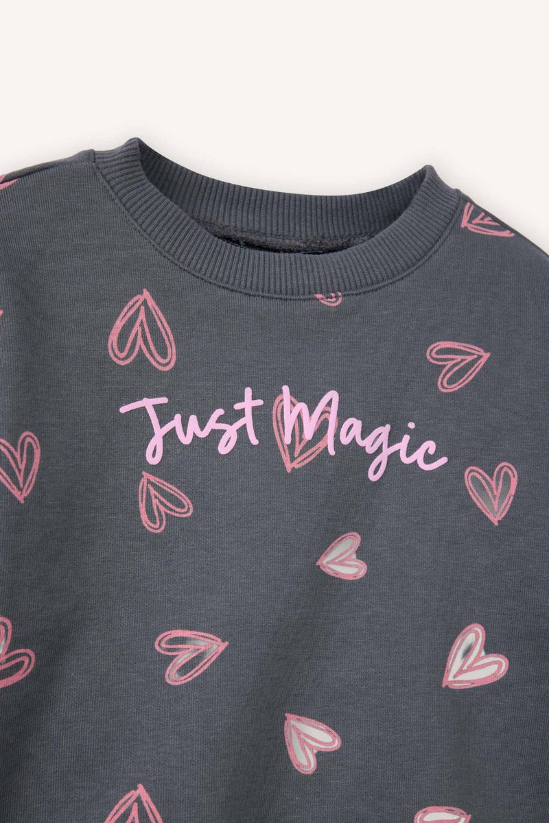 DeFacto Grey BabyGirl Baby Girl Oversize Fit Crew Neck Patterned Sweatshirt Casual - Image 2